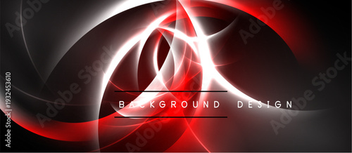 Abstract red, white design. Dynamic curves create energy, flowing shapes. Dark background emphasizes bright illumination, modern aesthetic.