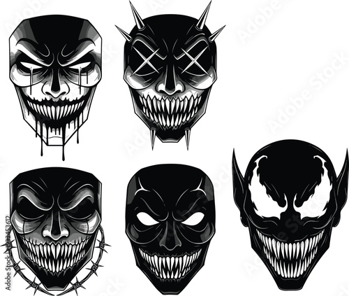 Dark Horror Clown and Demon Mask Faces Set Black and White Scary Monster Vector Illustration Collection