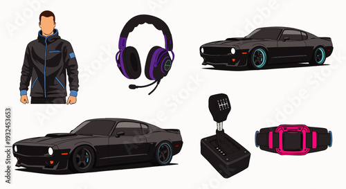 Collection of modern gaming and automotive items: stylish jacket, gaming headset, two muscle cars, gear shifter, and smartwatch