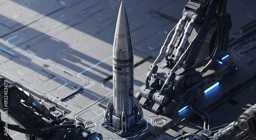 concept art of a ballistic missile on a futuristic launch platform, detailed mechanical structures, soft ambient lighting, high-detail textures, cinematic shadows