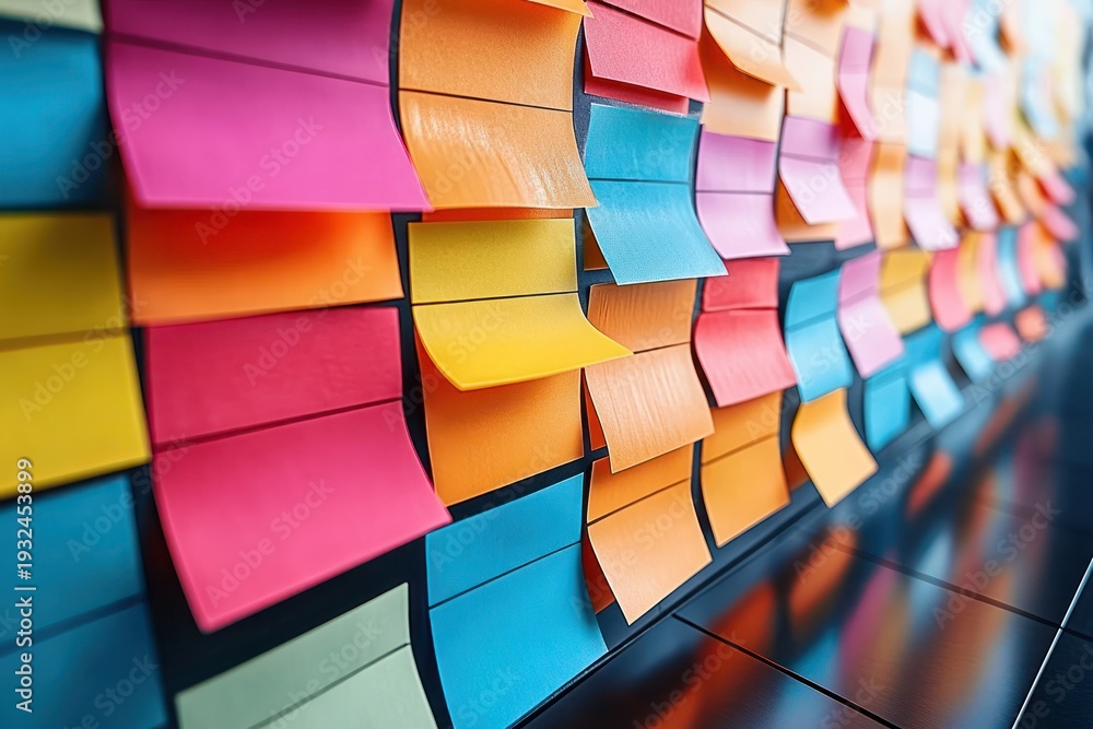Fototapeta premium vibrant wall of colorful sticky notes in overlapping rows on a dark glossy surface reflecting energetic creative brainstorming and organized chaos