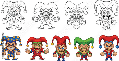 Evil Cartoon Jester Character Set with Different Expressions Black and White Sketch and Colored Versions Vector Illustratio