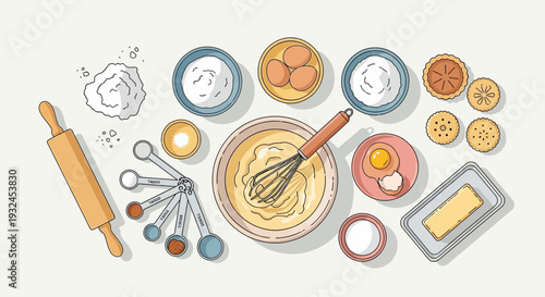 Baking Ingredients and Utensils A Colorful Culinary Composition.