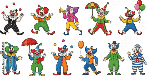 Cartoon Circus Clown Characters Collection with Juggling, Umbrella, Balloons and Musical Performance Vector Illustration Set