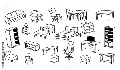 Home Furniture Icon Set with Sofa, Bed, Table, Chair, Desk, Wardrobe, and Storage Symbols for Interior Design, Real Estate, and UI Projects