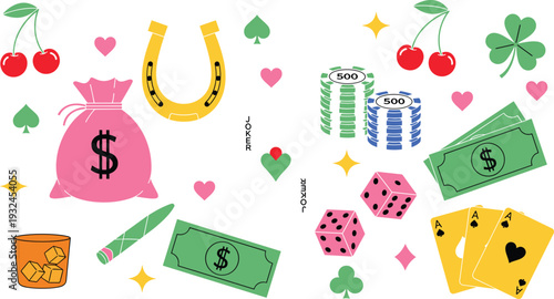 Casino Gambling Icons Set with Money Bag, Horseshoe, Dice, Playing Cards, Chips and Lucky Symbols Vector Illustration