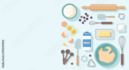 Baking Ingredients and Utensils Flat Lay Illustration.