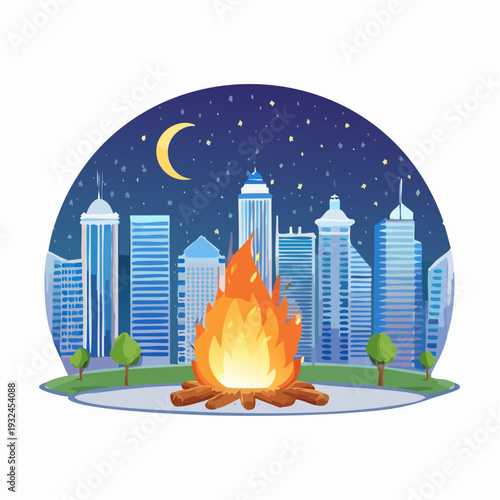 Illustration of a campfire in a city park at night under a starry sky.