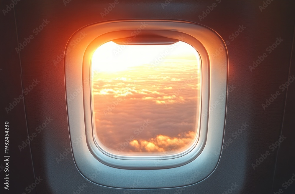 Fototapeta premium golden sunset clouds seen through an airplane window with warm cabin glow, calm and awe-inspiring aerial view