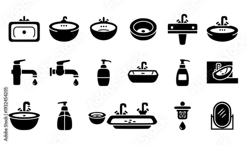 Bathroom Sink and Plumbing Solid Icon Set with Washbasins, Faucets, Soap Dispensers, Drains, and Sanitary Fixtures for Interior and UI Design