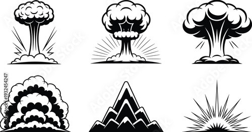 Atomic explosion mushroom cloud and volcanic eruption silhouettes set vector illustration isolated on white background for disaster and war design