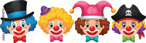 Cute Clown Face Collection with Top Hat, Jester Cap and Pirate Costume Cartoon Vector Illustration Set