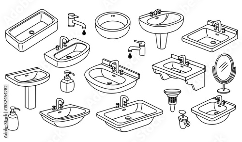 Bathroom Sink and Washbasin Icon Set with Faucets, Soap Dispensers, Mirrors, and Plumbing Fixtures for Interior Design, Construction, and UI Projects