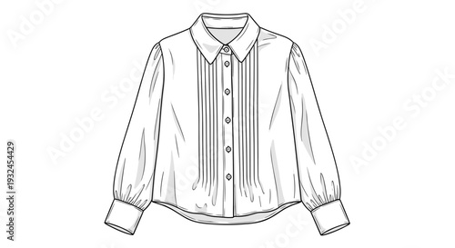 Women's buttoned blouse with puff sleeves line art black and white illustration