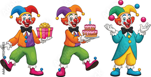 Cute Cartoon Clown Characters with Gift Box, Birthday Cake and Juggling Balls Colorful Circus Vector Illustration Set