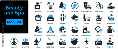 Beauty and Spa solid icon set contains spa stones, massage, bamboo, makeup, cream, tea, stones, bath, soap, spa towel, aroma and more. 