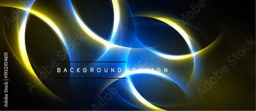 Abstract design features flowing yellow, blue light curves. Dark background emphasizes bright energy, dynamic composition. Modern visual element.