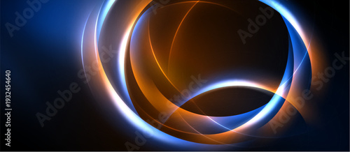 Abstract design features glowing circles, orange, blue hues. Dark background creates dramatic visual impact. Modern, dynamic composition.