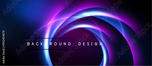 Abstract neon circles overlap dark background. Vibrant blue, purple hues create dynamic visual effect. Text reads background design.