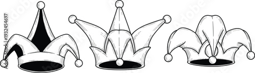 Hand Drawn Jester Hats Set Black and White Harlequin Cap Sketch Style Vector Illustration Collection