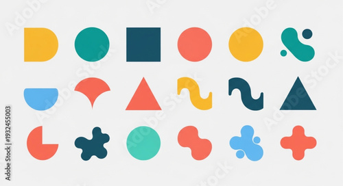 Colorful geometric shapes arranged in a visually appealing pattern on a light background.