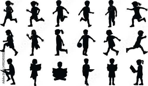 Children silhouettes collection featuring boys and girls running playing basketball and reading books isolated vector set for education design
