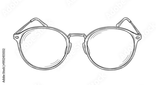 Round eyeglasses front view line art black and white illustration
