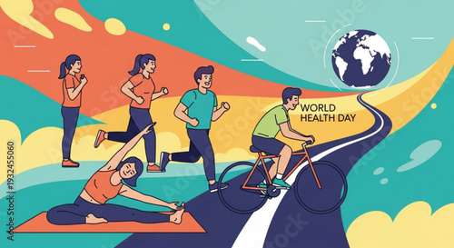 People engaging in various physical activities on road for world health day with colorful background