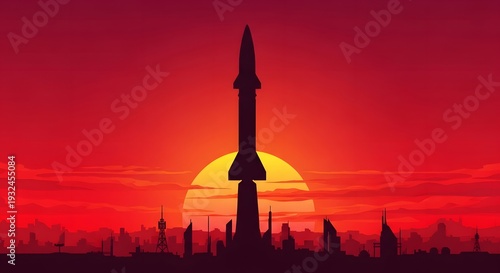 High-resolution 2D vector art of a ballistic missile silhouette above a futuristic landscape, intense red sunset sky with dramatic gradient, modern propaganda poster style