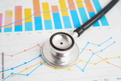 Stethoscope and US dollar banknotes on chart or graph paper, Financial, account, statistics and business data  medical health concept.