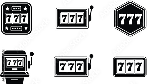 Slot machine jackpot seven symbols set with casino gambling icons outline vector illustration collection featuring lucky number seven and classic gaming elements for mobile apps.