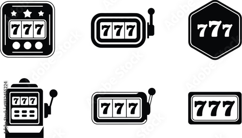 Slot machine jackpot seven symbols set with casino gambling icons outline vector illustration collection featuring lucky number seven and classic gaming elements for mobile apps.