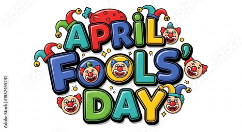 Colorful april fools day text with jester hats and clown faces on white background