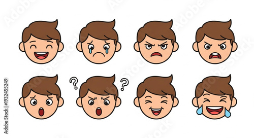 Collection of cartoon boy faces expressing various emotions and feelings with different expressions.