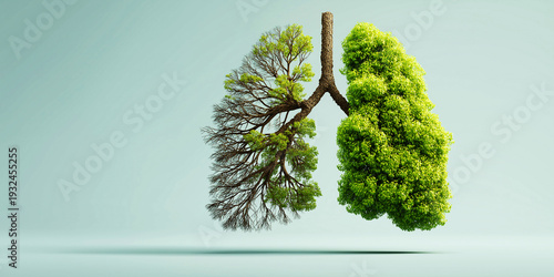 Conceptual illustration of human lungs shaped like green forest trees with one side showing signs of deforestation and decay, symbolizing air quality and environmental health.
