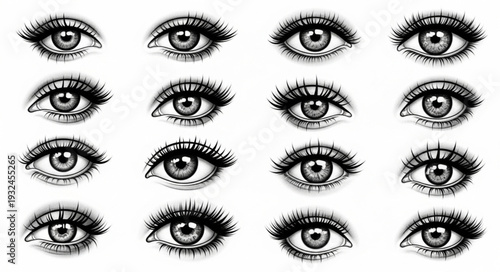 Detailed artistic illustrations of various human eyes with intricate eyelashes and iris.