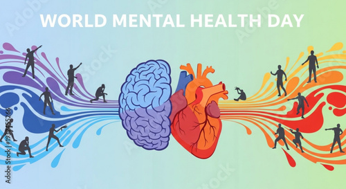 Mental health awareness brain and heart with silhouettes on world mental health day