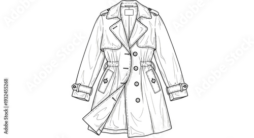 Double breasted trench coat line art black and white illustration