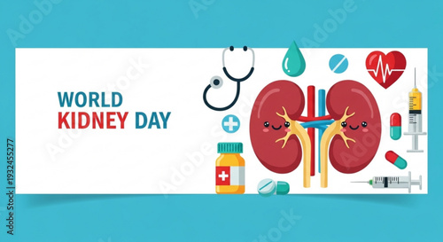 World kidney day illustration with anatomical kidneys medical icons and healthcare symbols on a blue background promoting kidney health awareness