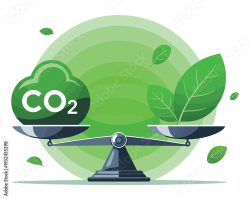Carbon dioxide CO2 cloud and green leaves on balance scale symbolizing environmental balance