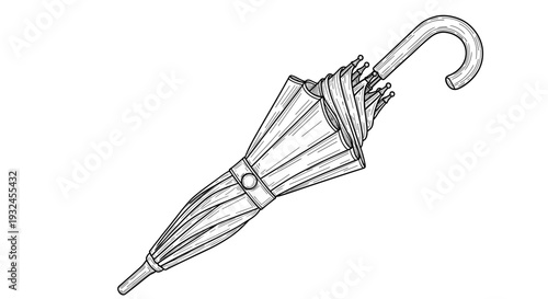 Closed umbrella with curved handle line art black and white illustration