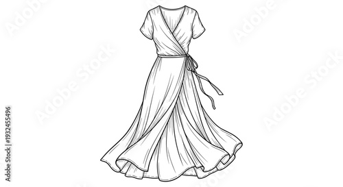 Wrap dress with flowing skirt line art black and white illustration