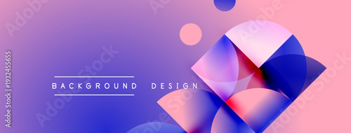 Abstract geometric shapes overlap, creating vibrant gradients. Pink, purple, blue hues dominate composition. Modern design element.