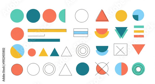 Colorful geometric shapes arranged in various patterns and designs for visual appeal.