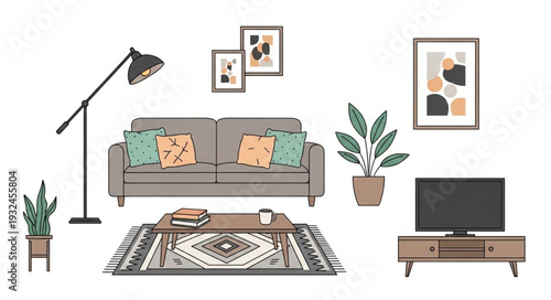 Cozy living room interior design with sofa, rug, and decorative elements.