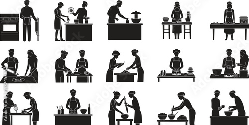 Cooking people silhouettes set featuring chefs and home cooks preparing food in kitchen isolated vector illustration collection for culinary design