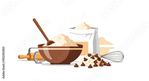 Baking Ingredients Flour Chocolate Chips Bowl Whisk and Rolling Pin.