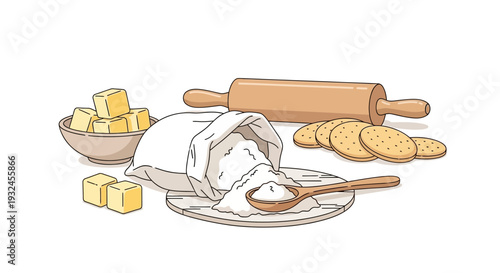 Baking Ingredients Flour Butter Rolling Pin and Cookies.