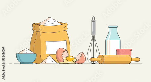 Baking Ingredients Illustration Flour Eggs Milk and Utensils for Cooking.