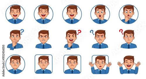 Various facial expressions of a cartoon man in a blue shirt, showing different emotions.